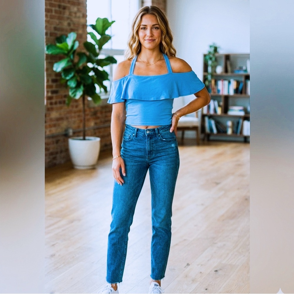 Heart & Hips Sky Blue Crop Ruffled Strappy Off Shoulder Tank Top Blouse S
